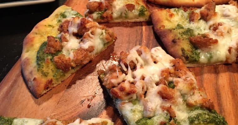 Naan sausage and pesto pizzette