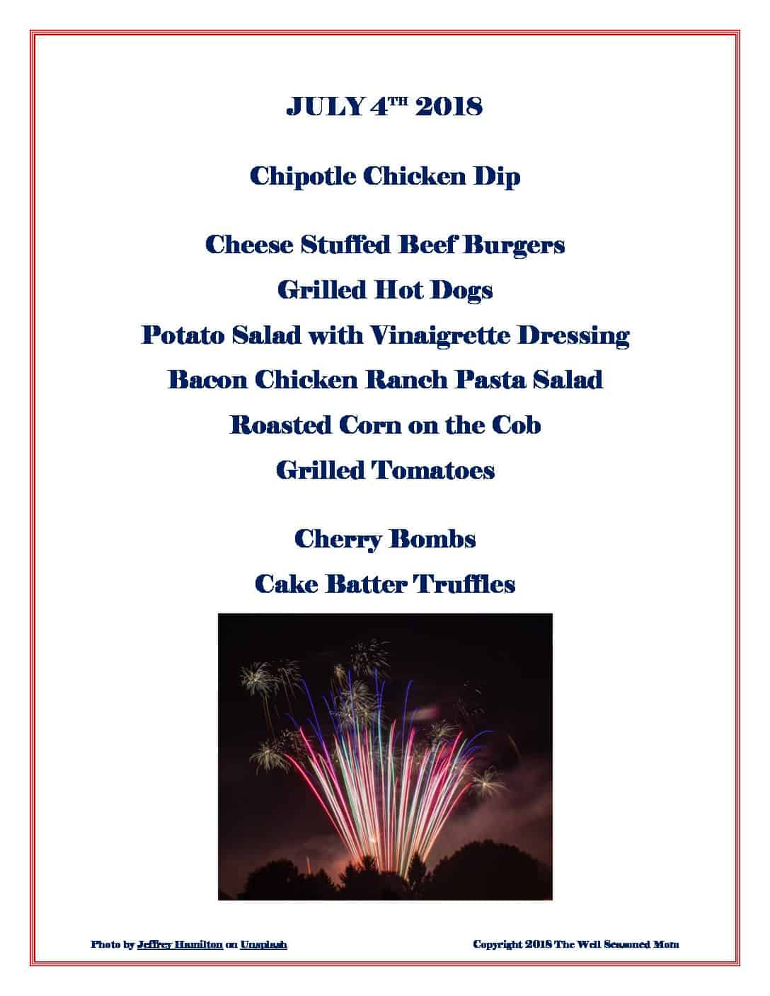 July 4th 2018 Menu