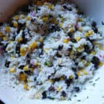 Whote bowl with rice, corn and black beans