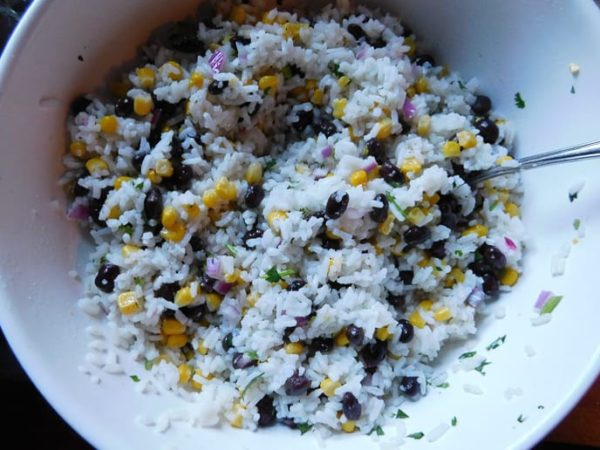 Whote bowl with rice, corn and black beans