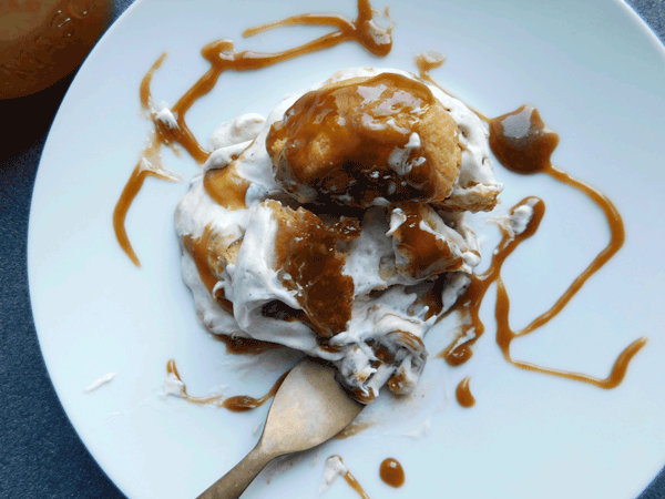 Cream Puffs with Cinnamon Ice Cream and Salted Caramel Sauce