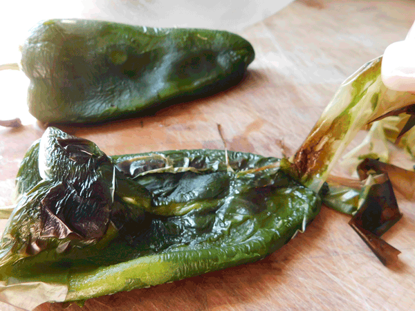 roasted green peppers having skin removed