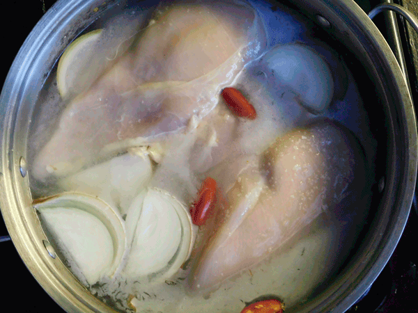 Raw chicken breasts, onions and garlic in skillet with water