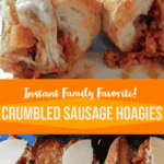 Pinterest image with cooked cheesy sausage hoagies