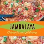 Jambalaya PIN with closeup of one pot meal