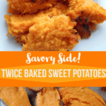 Pin with close up of crispy mashed sweet potatoes with baked sweet potatoes on bottom