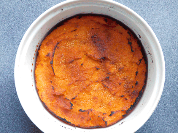 Crispy cooked sweet potatoes in a round casserole dish