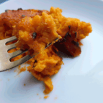 Close up of Mashed and baked sweet potatoes on a fork