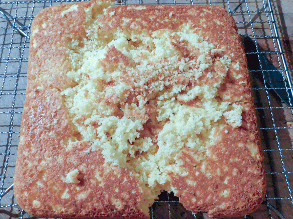 8" square piece of cornbread in pieces on a baking rack