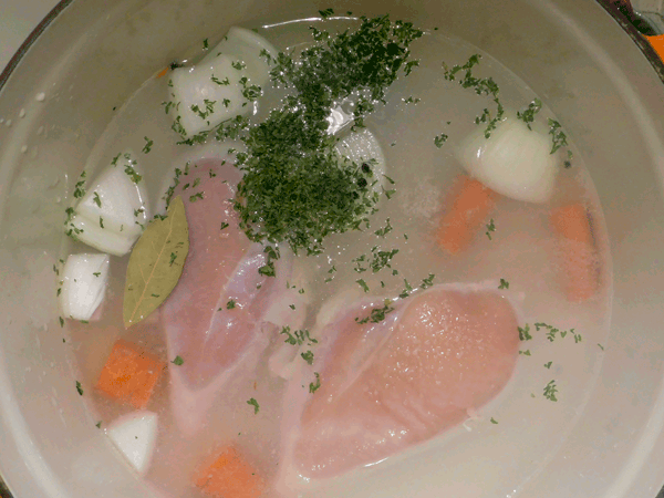 Chicken, onions, carrots and bay leaves in white soup pot