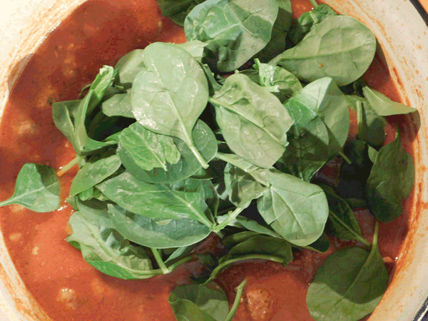 Tomato Broth in pan with fresh spinach on top