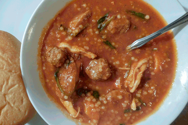 Cajun Wedding Soup in a white bowl