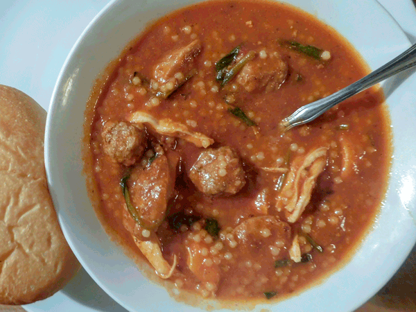 Cajun Wedding Soup in a white bowl