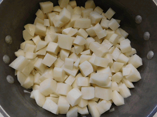 Peeled and cut potatoes in a soup pot