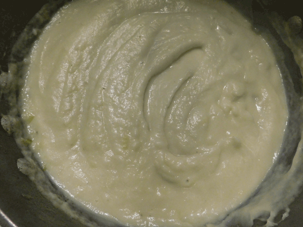 Blended Potato Leek Soup in cooking pot