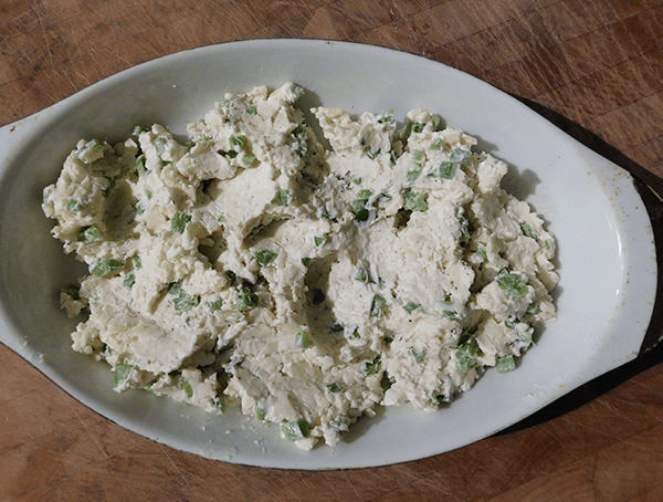 Cheese spread with jalapenos in small casserole dish