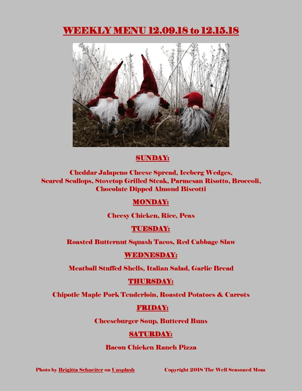 Menu for the week with Christmas gnomes picture