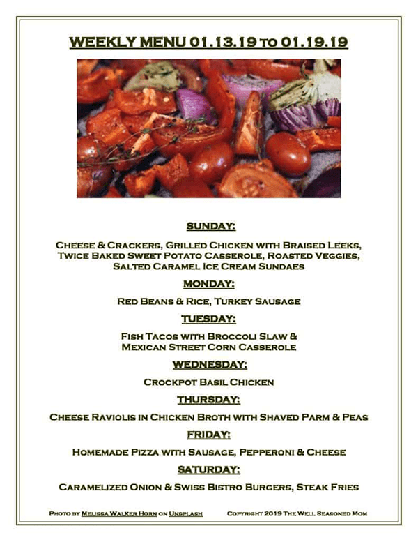 Weekly Menu 01.13.19 with roasted veggie picture