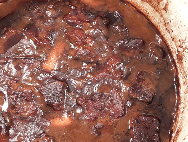 Beef cubes braised in dutch oven fully cooked
