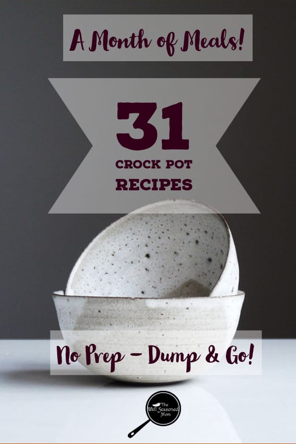 Pin with two bowls that says 31 Crockpot recipes No prep, dump and go