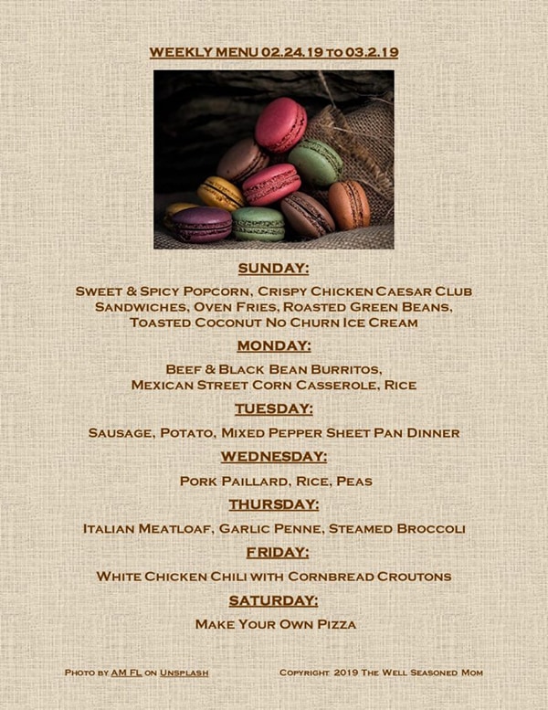 Printed weekly menu for 02.24.19 with macarons