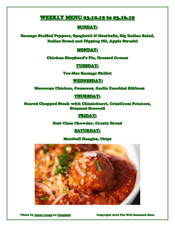 Weekly Menu 03.10.19 with picture of spaghetti & meatballs