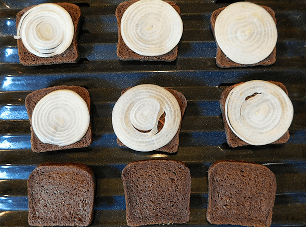Pumpernickel Onion Toasties on a broiler pan with onion on 6 pieces