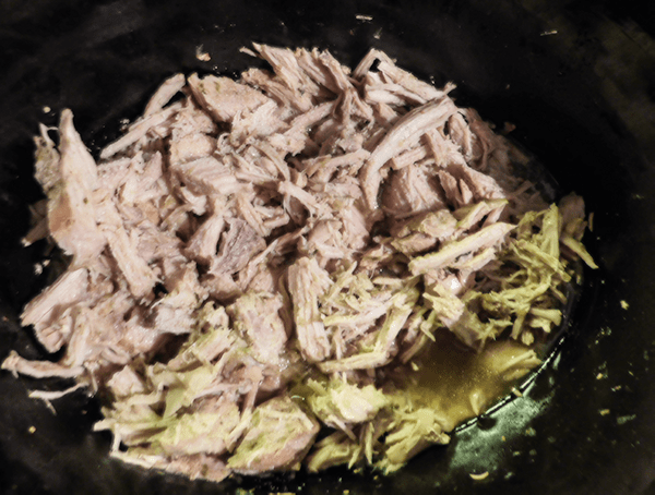 Shredded Pork Salsa Verde in crock pot after cooking