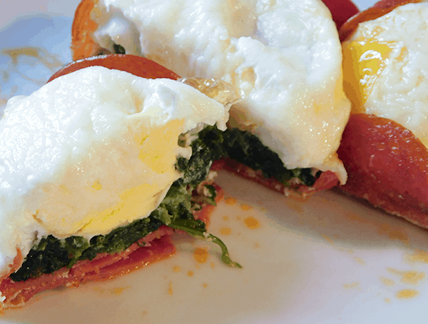 Close-up view of Baked Egg cut in half