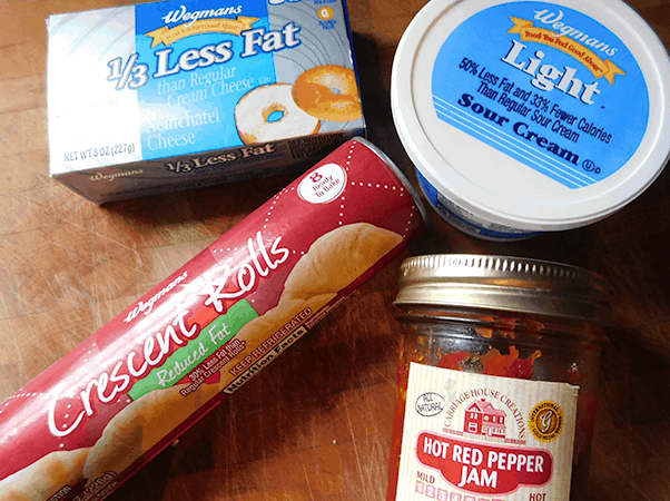 Ingredients for Jelly Bites: cream cheese, crescent rolls, red pepper jam, sour cream