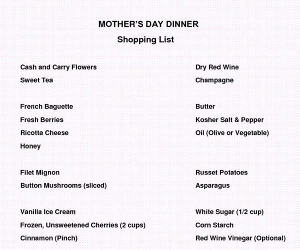 Grocery List for Mothers Day Dinner