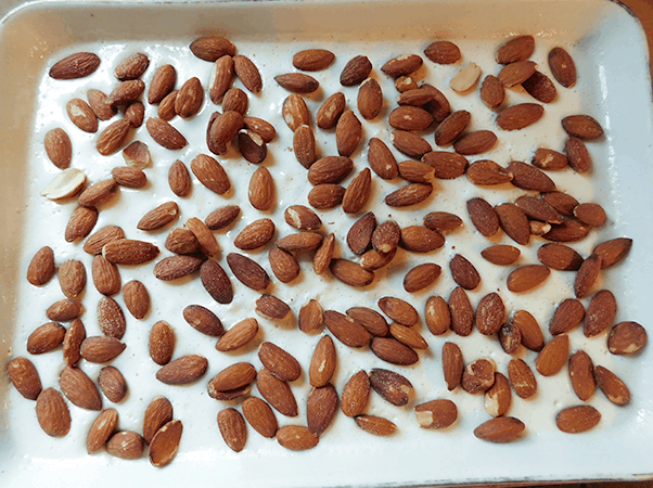 Almonds sprinkled on top of Almond Joy Brownies