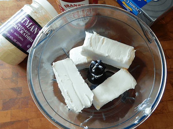 Cream cheese in a bowl ready to make Horseradish Dip