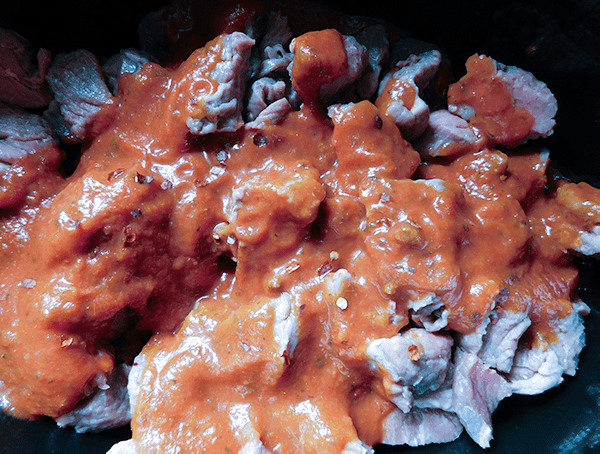 Beef and marinara sauce in a crocpot