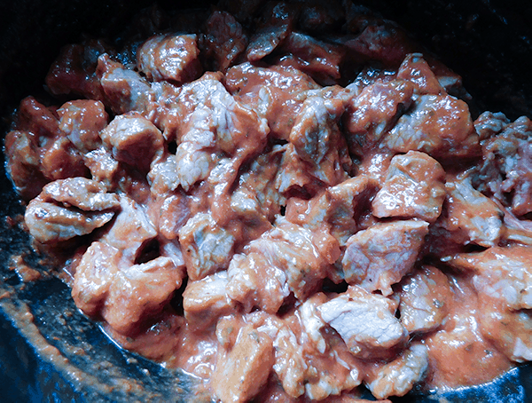 Beef and marinara mixed together ready to cook