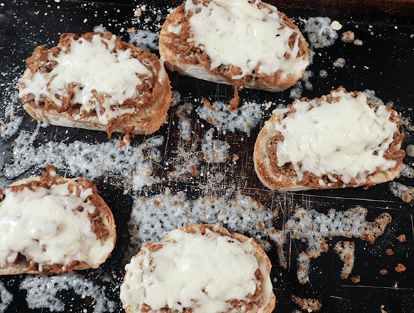 Open faced Italian Beef Sandwiches on sheet pan