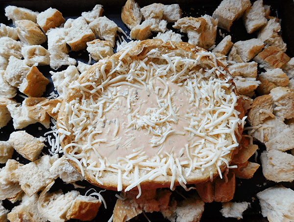 Queso in Bread Bowl ready to go into oven