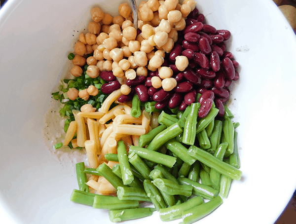 Four Beans in bowl ready to mix for Rice and Four Bean Salad