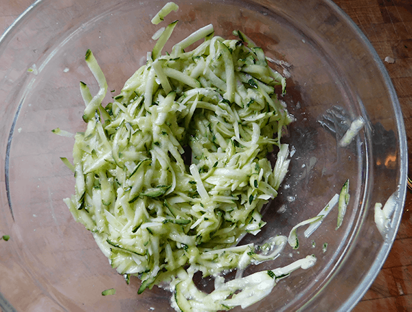 Zucchini mixture ready to cook for Zucchini Pancakes