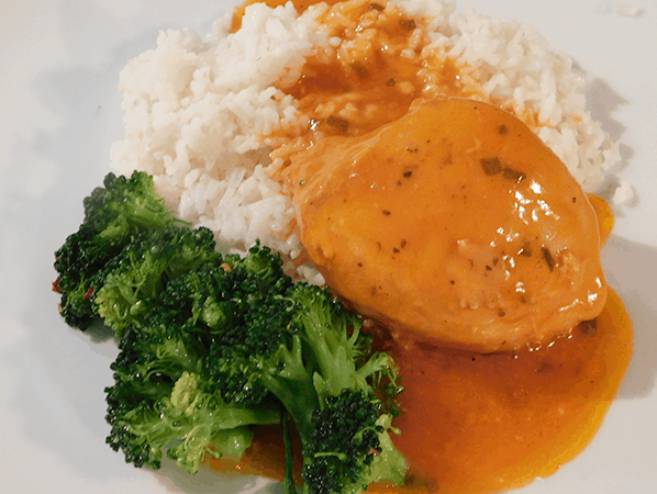 French Chicken Plated with rice and broccoli