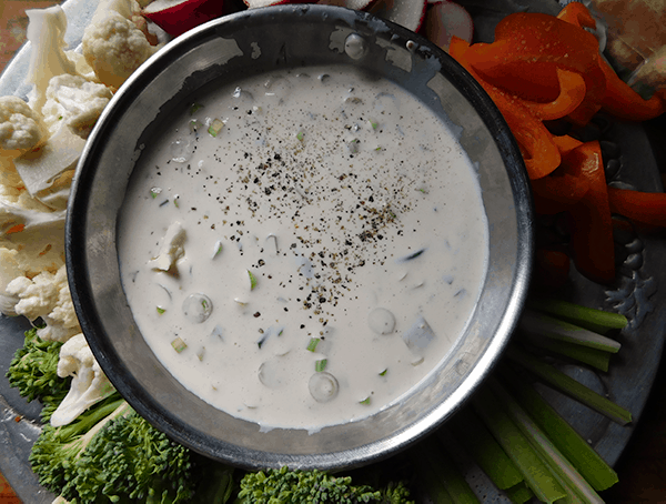 Green Onion Ranch in silver bowl with veggies