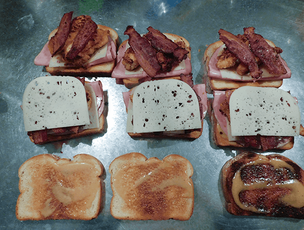 Assembly line set up making sandwiches