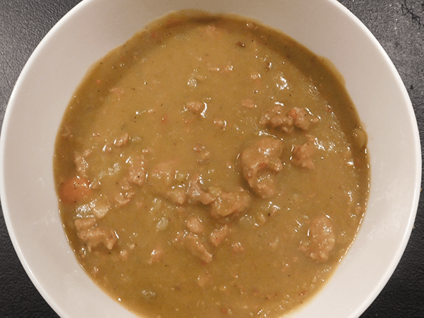 Sausage Split Pea Soup in a white bowl