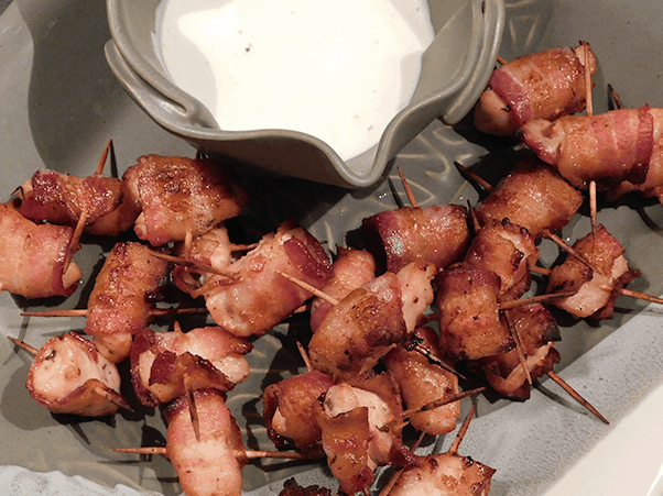 Chicken Bacon Ranch Skewers and Ranch Dressing on a serving platter