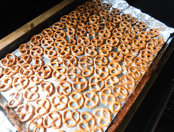 Pretzels on a sheet pan for Pretzel Toffee